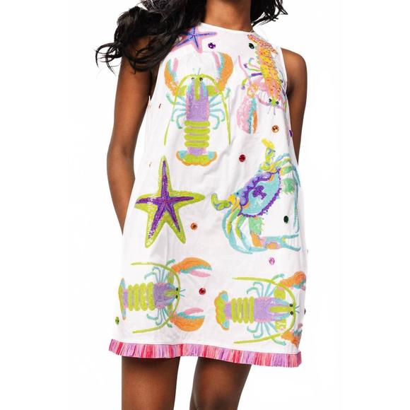 NEW QUEEN OF SPARKLES multi crab starfish & lobster tank fringe dress in white - Picture 4 of 5